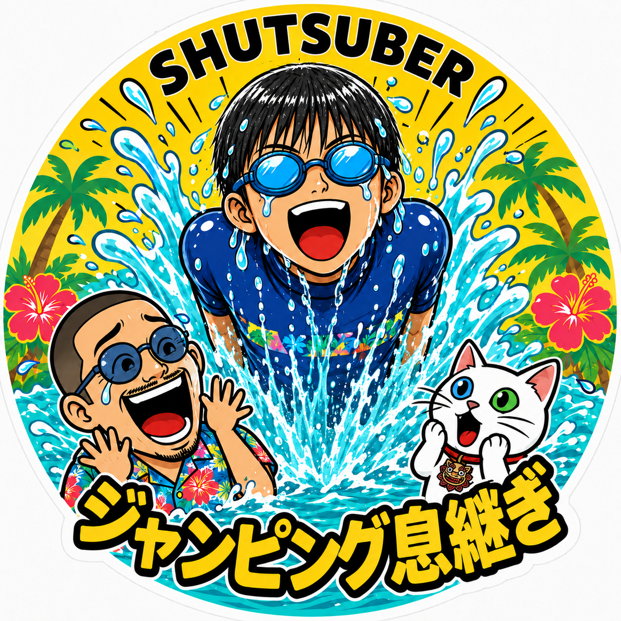 水しぶきと笑顔のツバ、パパ、猫を描いたシューツーバーのジャンピング息継ぎイラスト